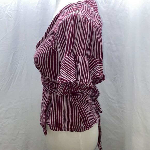 Free People Wrapped Around My Finger red wine/white stripe wrap shirt top XS - Picture 5 of 12